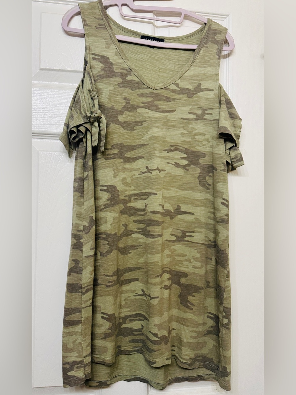 Sanctuary Tunic Dress Olive Camo Cold-Shoulder mSize Small Petite
